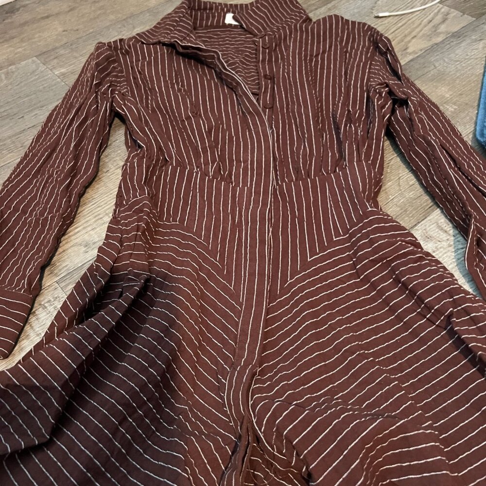 WHITNEY MINI DRESS - LINEN LOOK LONG SLEEVE SHIRT DRESS IN CHOCOLATE PINSTRIPE 2 - Picture 13 of 16